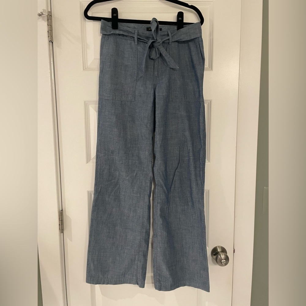 Banana Republic Chambray Cotton Blue Wide-Leg Pants with Tie, Size 0